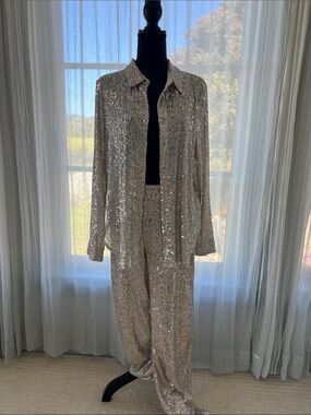 CeCe Silver Sequin Wide-Leg Pants with Matching Sequin Shirt